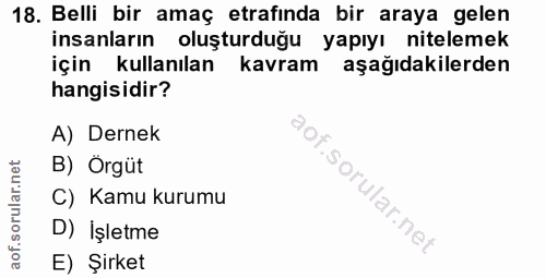 18. soru: Belli bir amaç etrafinda bir araya gelen insanların oluşturduğu yapıyı nitelemek için kullanılan kavram aşağıdakilerd…