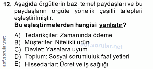 12. soru: Aşağıda örgütlerin bazı temel paydaşları ve bu paydaşların örgüte yönelik çeşitli talepleri eşleştirilmiştir. Bu eşle…