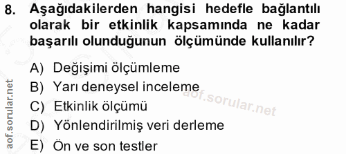 8. soru: Aşağıdakilerden hangisi hedefle bağlantılı olarak bir etkinlik kapsamında ne kadar başarılı olunduğunun ölçümünde kul…