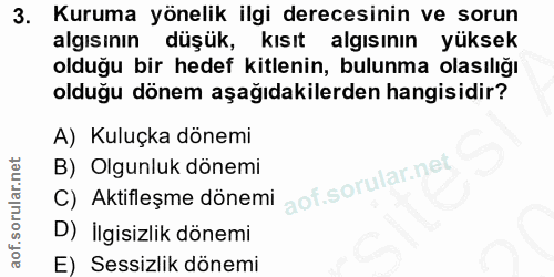 3. soru: Kuruma yönelik ilgi derecesinin ve sorun algısının düşük, kısıt algisinın yüksek olduğu bir hedef kitlenin, bulunma o…