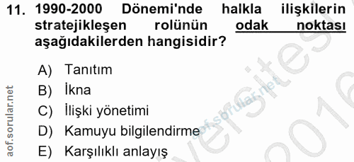 11. soru: 1990-2000 Dönemi'nde halkla ilişkilerin stratejikleşen rolünün odak noktası aşağıdakilerden hangisidir? A) Tanıtım B)…