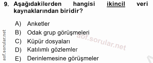 9. soru: Aşağıdakilerden hangisi ikincil veri kaynaklarından biridir? A) Anketler B) Odak grup görüşmeleri C) Küpür dosyaları…