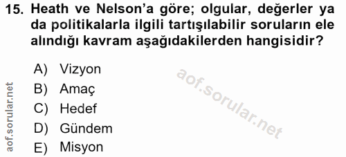 15. soru: Heath ve Nelson'a göre; olgular, değerler ya da politikalarla ilgili tartışılabilir soruların ele alındığı kavram aşa…