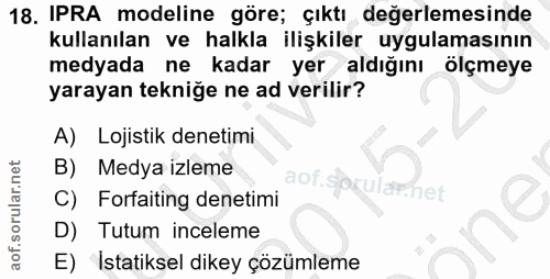 18. soru: IPRA modeline göre; çıktı değerlemesinde kullanılan ve halkla ilişkiler uygulamasının medyada ne kadar yer aldığını ö…