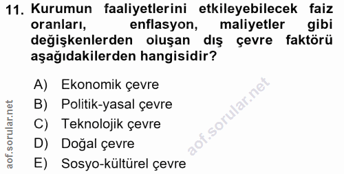 11. soru: Kurumun faaliyetlerini etkileyebilecek faiz oranları, enflasyon, maliyetler gibi değişkenlerden oluşan dış çevre fakt…