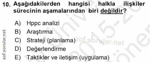 10. soru: Aşağıdakilerden hangisi halkla ilişkiler sürecinin aşamalarından biri değildir? A) Hppc analizi B) Araştırma C) Strat…