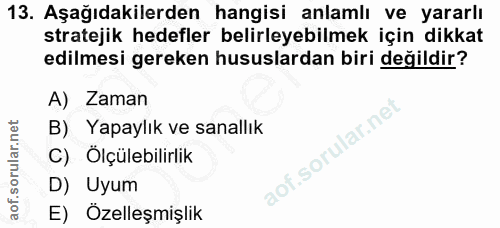 13. soru: Aşağıdakilerden hangisi anlamlı ve yararlı stratejik hedefler belirleyebilmek için dikkat edilmesi gereken hususlarda…