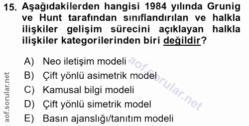15. soru: Aşağıdakilerden hangisi 1984 yılında Grunig ve Hunt tarafından sınıflandırılan ve halkla ilişkiler gelişim sürecini a…