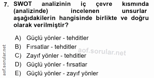 7. soru: SWOT analizinin iç çevre kısmında (analizinde) incelenen unsurlar aşağıdakilerin hangisinde birlikte ve doğru olarak…