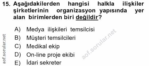 15. soru: Aşağıdakilerden hangisi halkla ilişkiler şirketlerinin organizasyon yapısında yer alan birimlerden biri değildir? A)…