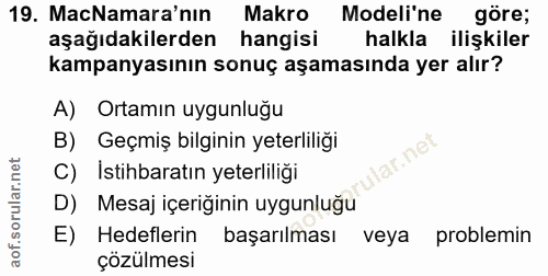 19. soru: MaNamara'nın Makro • Modeli'ne göre; aşağıdakilerden hangisi halkla ilişkiler kampanyasının sonuç aşamasında yer alır…