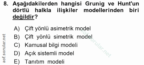 8. soru: Aşağıdakilerden hangisi Grunig ve Hunt'un dörtlü halkla ilişkiler modellerinden biri değildir? A) Çift yönlü asimetri…