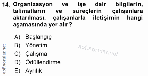 14. soru: Organizasyon ve işe dair bilgilerin, talimatların ve süreçlerin çalışanlara aktarılması, çalışanlarla iletişimin hang…
