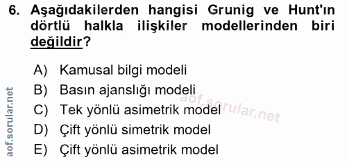 6. soru: Aşağıdakilerden hangisi Grunig ve Hunt'ın dörtlü halkla ilişkiler modellerinden biri değildir? A) Kamusal bilgi model…