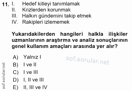 11. soru: I. Hedef kitleyi tanımlamak II. Krizlerden korunmak III. Halkın gündemini takip etmek IV. Rakipleri izlememek Yukarıd…