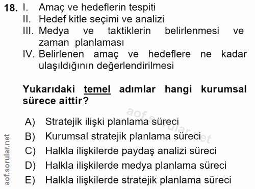 18. soru: I. Amaç ve hedeflerin tespiti II. Hedef kitle seçimi ve analizi III. Medya ve taktiklerin belirlenmesi ve zaman planl…