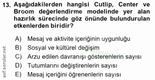 13. soru: Aşağıdakilerden hangisi Cutlip, Center ve Broom degerlendirme modelinde yer alan hazırlık sürecinde göz önünde bulund…