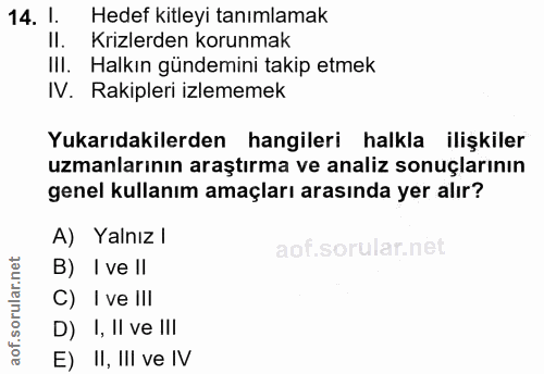 14. soru: I. Hedef kitleyi tanımlamak II. Krizlerden korunmak III. Halkın gündemini takip etmek IV. Rakipleri izlememek Yukarıd…