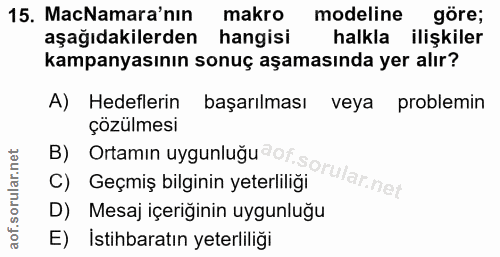 15. soru: MaNamara'nın makro modeline göre; aşağıdakilerden hangisi halkla ilişkiler kampanyasının sonuç aşamasında yer alır? A…