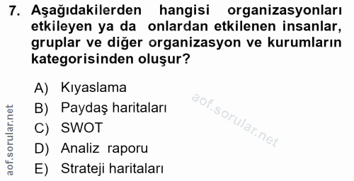 7. soru: Aşağıdakilerden hangisi organizasyonları etkileyen ya da onlardan etkilenen insanlar, gruplar ve diğer organizasyon v…