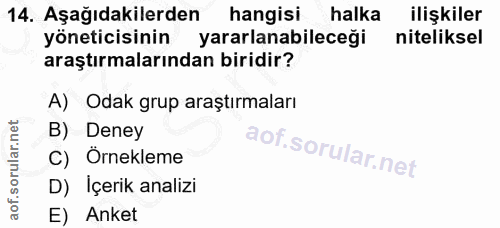 14. soru: Aşağıdakilerden hangisi halka ilişkiler yöneticisinin yararlanabileceği niteliksel araştırmalarından biridir? A) Odak…