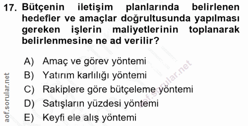 17. soru: Bütçenin iletişim planlarında belirlenen hedefler ve amaçlar doğrultusunda yapılması gereken işlerin maliyetlerinin t…