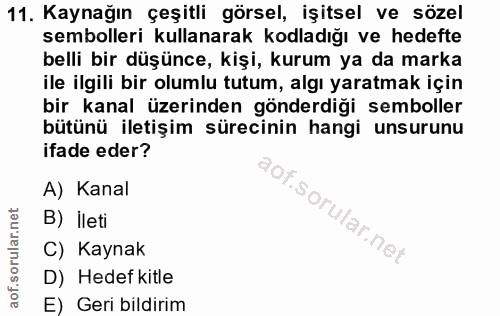 11. soru: Kaynağın çeşitli görsel, işitsel ve sözel sembolleri kullanarak kodladığı ve hedefte belli bir düşünce, kişi, kurum y…