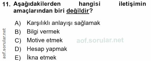 11. soru: Aşağıdakilerden hangisi iletişimin amaçlarından biri değildir? A) Karşılıklı anlayışı sağlamak B) Bilgi vermek C) Mot…