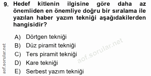 9. soru: Hedef kitlenin ilgisine göre daha az önemliden en önemliye doğru bir sıralama ile yazılan haber yazım tekniği aşağıda…