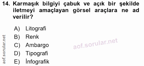 14. soru: Karmaşık bilgiyi çabuk ve açık bir şekilde iletmeyi amaçlayan görsel araçlara ne ad verilir? A) Litografi B) Renk C)…