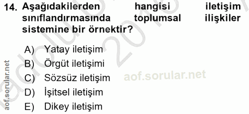14. soru: Aşağıdakilerden hangisi iletişim sinıflandırmasında toplumsal ilişkiler sistemine bir örnektir? A) Yatay iletişim B)…