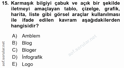 15. soru: Karmaşık bilgiyi çabuk ve açık bir şekilde iletmeyi amaçlayan tablo, çizelge, grafik, harita, liste gibi görsel araçl…