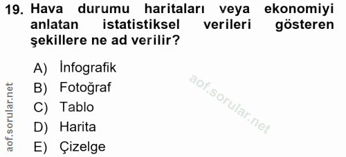 19. soru: Hava durumu haritaları veya ekonomiyi anlatan istatistiksel verileri gösteren şekillere ne ad verilir? A) Infografik…