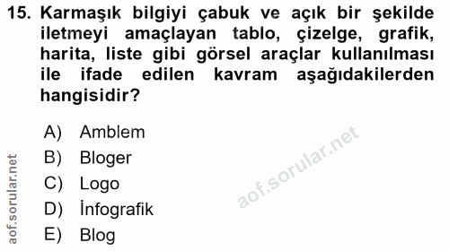15. soru: Karmaşık bilgiyi çabuk ve açık bir şekilde iletmeyi amaçlayan tablo, çizelge, grafik, harita, liste gibi görsel araçl…