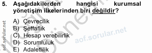 5. soru: Aşağıdakilerden hangisi kurumsal yönetişim ilkelerinden biri değildir? A) Çevrecilik B) Şeffaflık C) Hesap verebilirl…