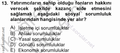 13. soru: Yatırımcıların sahip olduğu fonların hakkını verecek şekilde kazanç elde etmesini sağlamak aşağıdaki sosyal sorumlulu…
