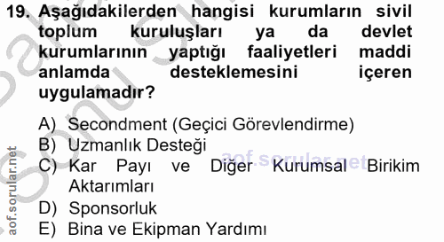 19. soru: Aşağıdakilerden hangisi kurumların sivil toplum kuruluşları ya da devlet kurumlarının yaptığı faaliyetleri maddi anla…
