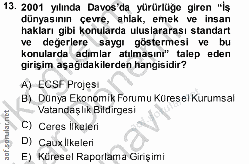 13. soru: 2001 yılında Davos'da yürürlüğe giren "İş dünyasının çevre, ahlak, emek ve insan hakları gibi konularda uluslararası…