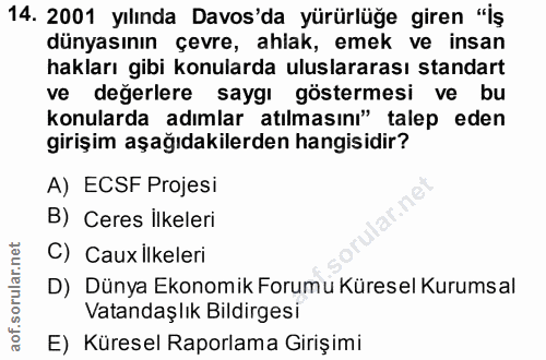14. soru: 2001 yılında Davos'da yürürlüğe giren "İş dünyasının çevre, ahlak, emek ve insan hakları gibi konularda uluslararası…