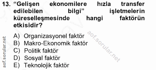 13. soru: "Gelişen ekonomilere hızla transfer edilebilen bilgi" işletmelerin küreselleşmesinde hangi faktörün etkisidir? A) Org…