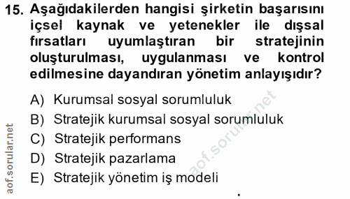 15. soru: Aşağıdakilerden hangisi şirketin başarısını içsel kaynak ve yetenekler ile dışsal fırsatları uyumlaştıran bir stratej…
