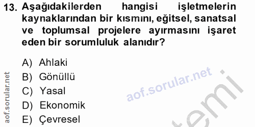 13. soru: Aşağıdakilerden hangisi işletmelerin kaynaklarından bir kısmını, eğitsel, sanatsal ve toplumsal projelere ayırmasını…