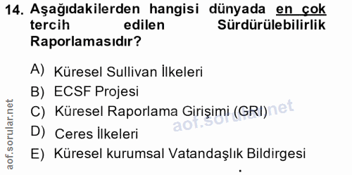 14. soru: Aşağıdakilerden hangisi dünyada en çok tercih edilen Sürdürülebilirlik Raporlamasıdır? A) Küresel Sullivan ilkeleri B…