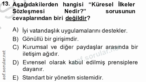 13. soru: Aşağıdakilerden hangisi "Küresel İlkeler Sözleşmesi Nedir?" sorusunun cevaplarından biri değildir? A) Iyi vatandaşlık…