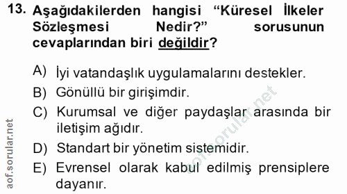 13. soru: Aşağıdakilerden hangisi "Küresel İlkeler Sözleşmesi Nedir?" sorusunun cevaplarından biri değildir? A) Iyi vatandaşlık…