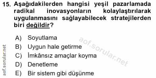 15. soru: Aşağıdakilerden hangisi yeşil pazarlamada radikal inovasyonların kolaylaştırılarak uygulanmasını sağlayabilecek strat…