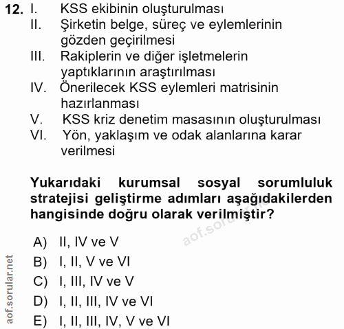 12. soru: I. KSS ekibinin oluşturulması Il. Şirketin belge, süreç ve eylemlerinin gözden geçirilmesi III. Rakiplerin ve diğer i…