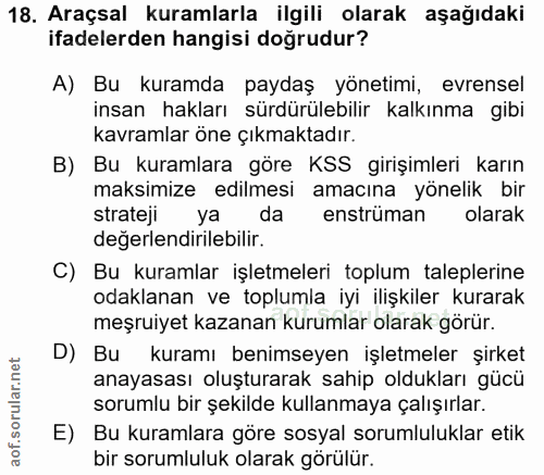 18. soru: Araçsal kuramlarla ilgili olarak aşağıdaki ifadelerden hangisi doğrudur? A) Bu kuramda paydaş yönetimi, evrensel insa…