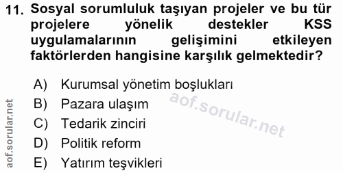 11. soru: Sosyal sorumluluk taşıyan projeler ve bu tür projelere yönelik destekler KSS uygulamalarının gelişimini etkileyen fak…