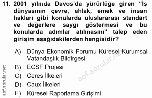 11. soru: 2001 yılında Davos'da yürürlüğe giren "iş dünyasının çevre, ahlak, emek ve insan hakları gibi konularda uluslararası…